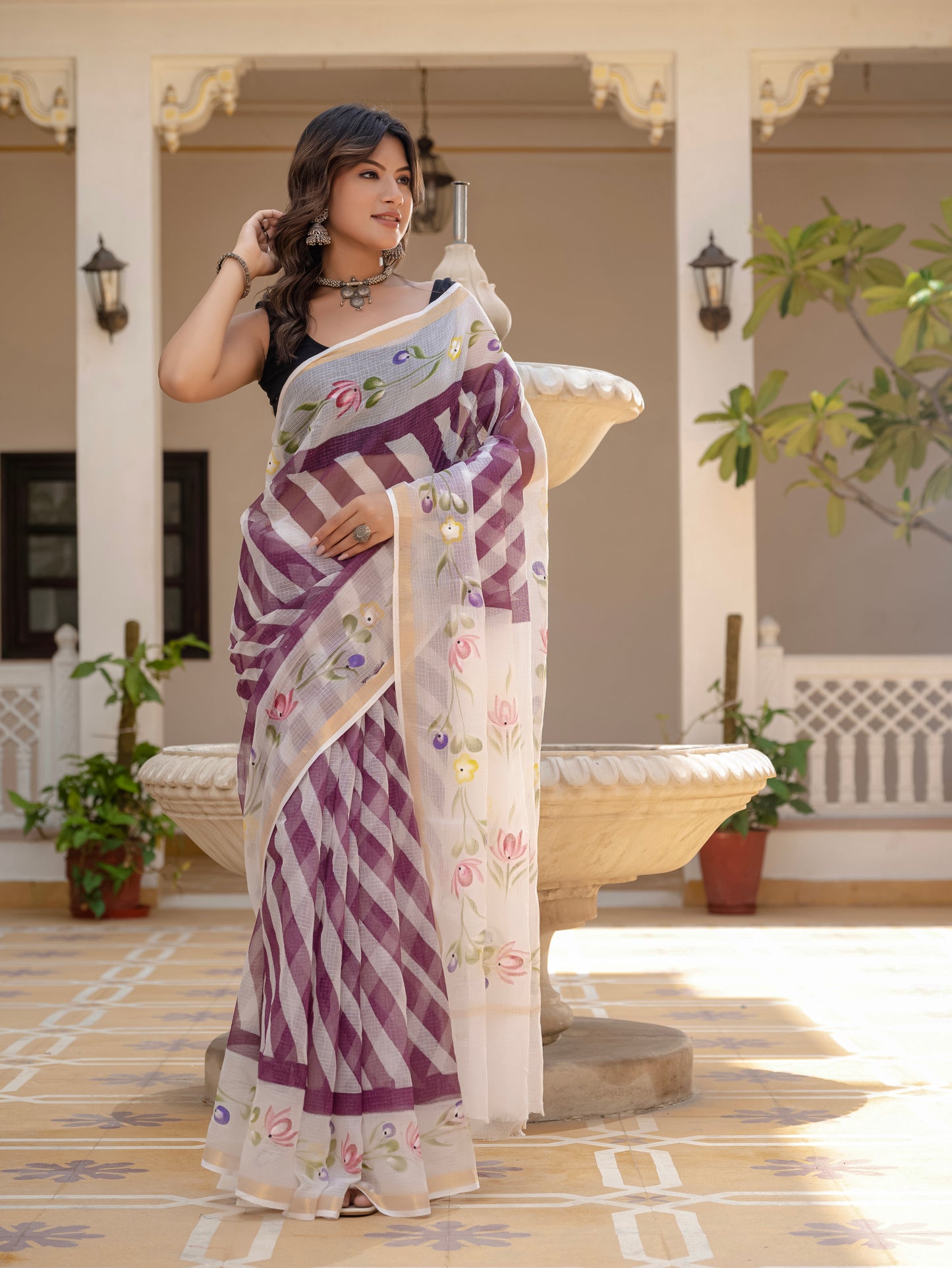 Purple Lehriya pure Kota Doria saree