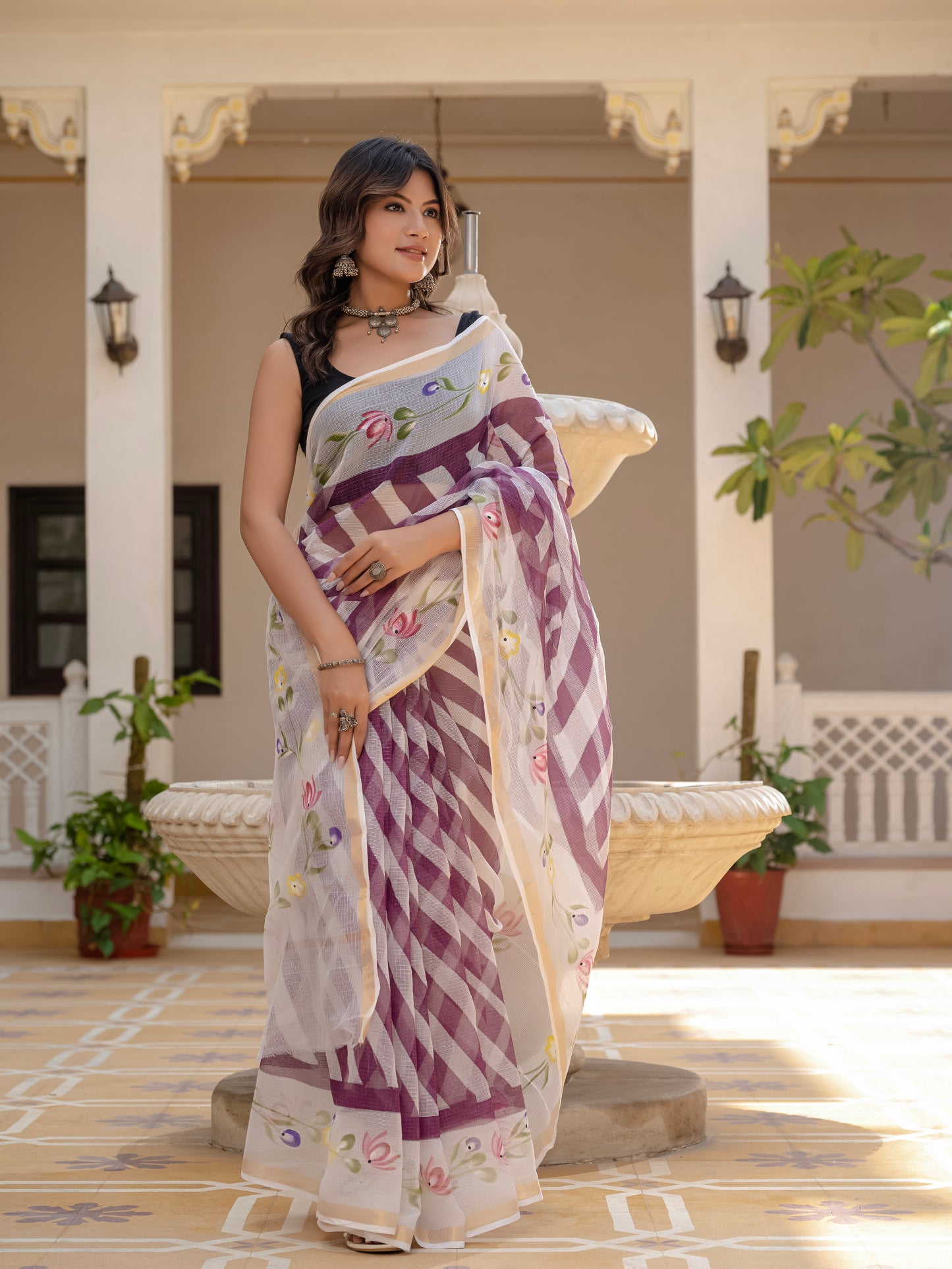 Purple Lehriya pure Kota Doria saree