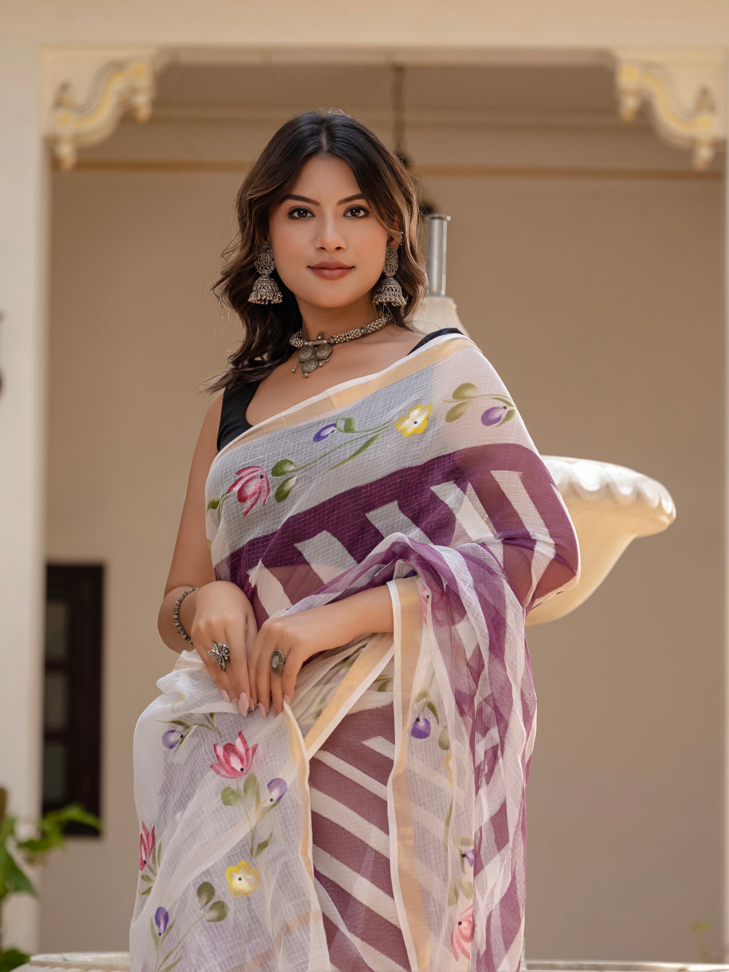 Purple Lehriya pure Kota Doria saree