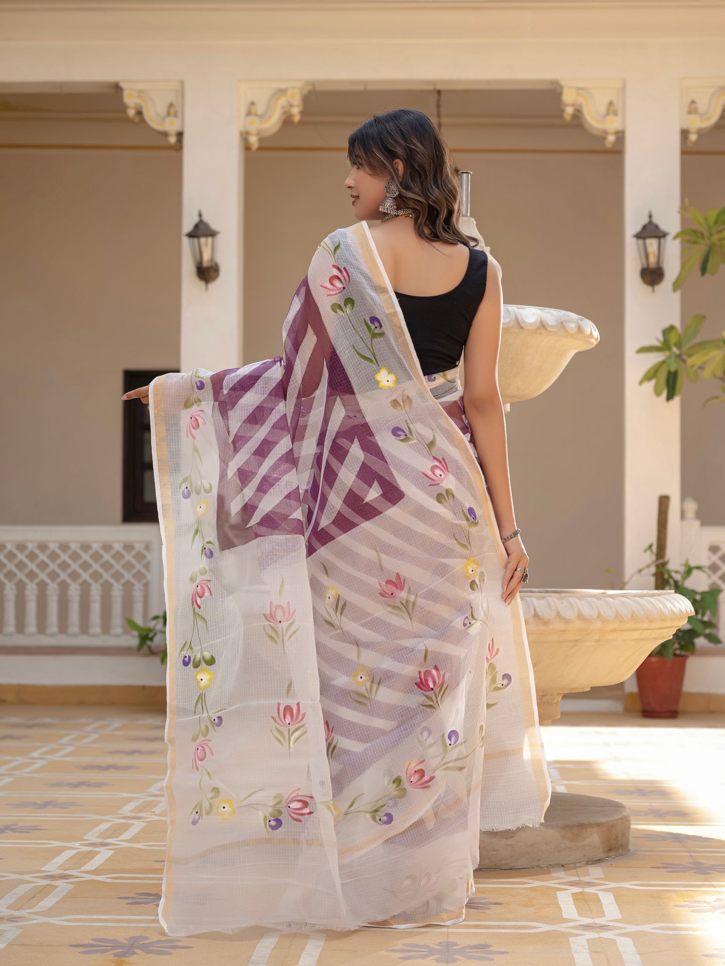 Purple Lehriya pure Kota Doria saree