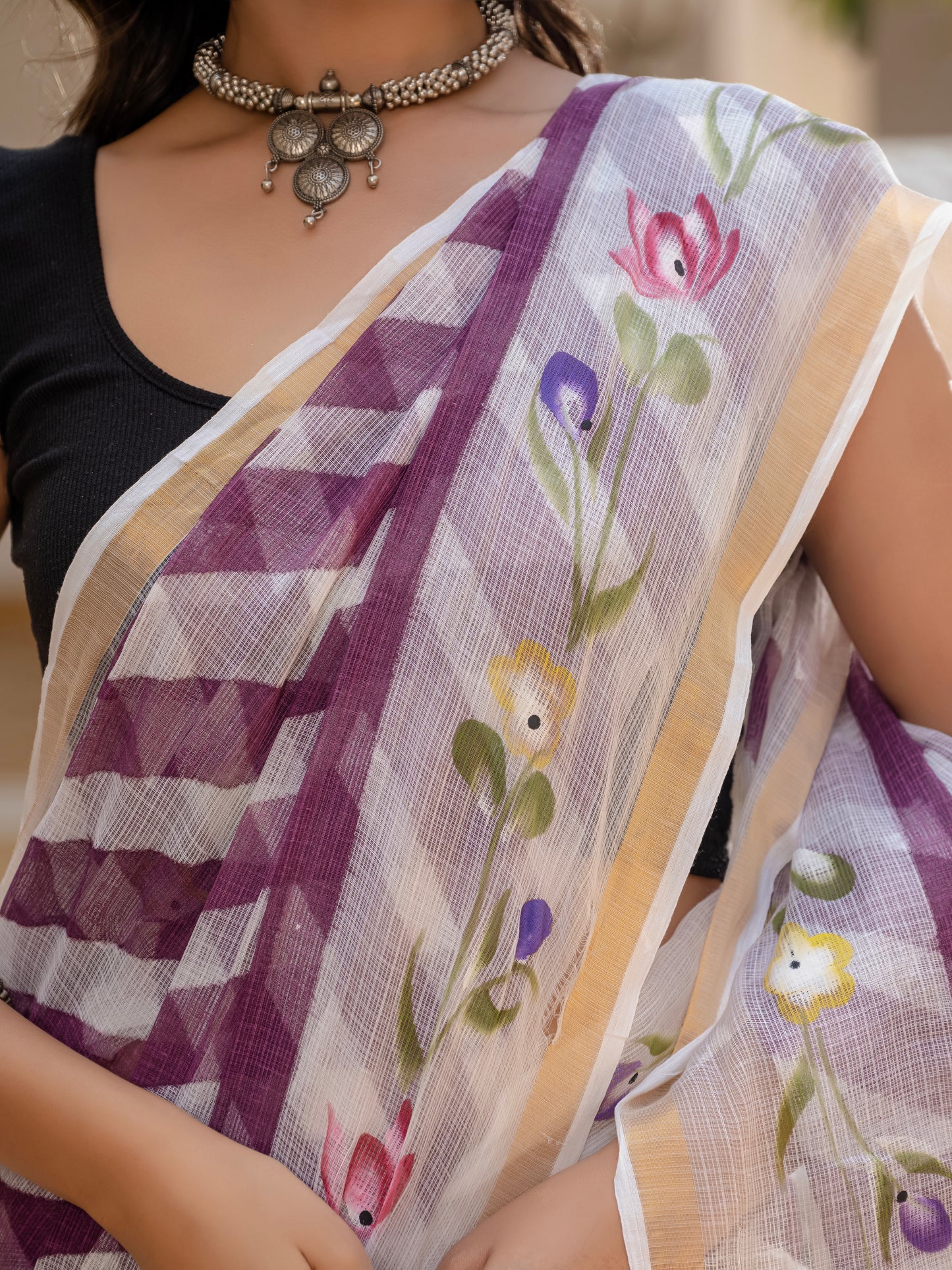Purple Lehriya pure Kota Doria saree
