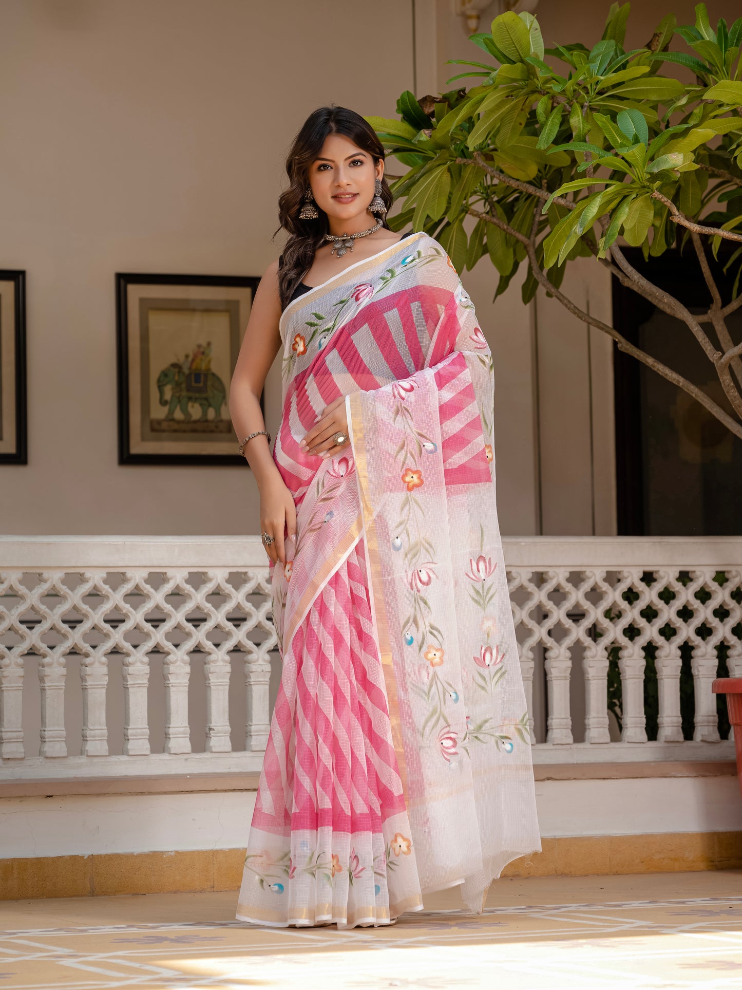 Pink Lehriya pure Kota Doria saree