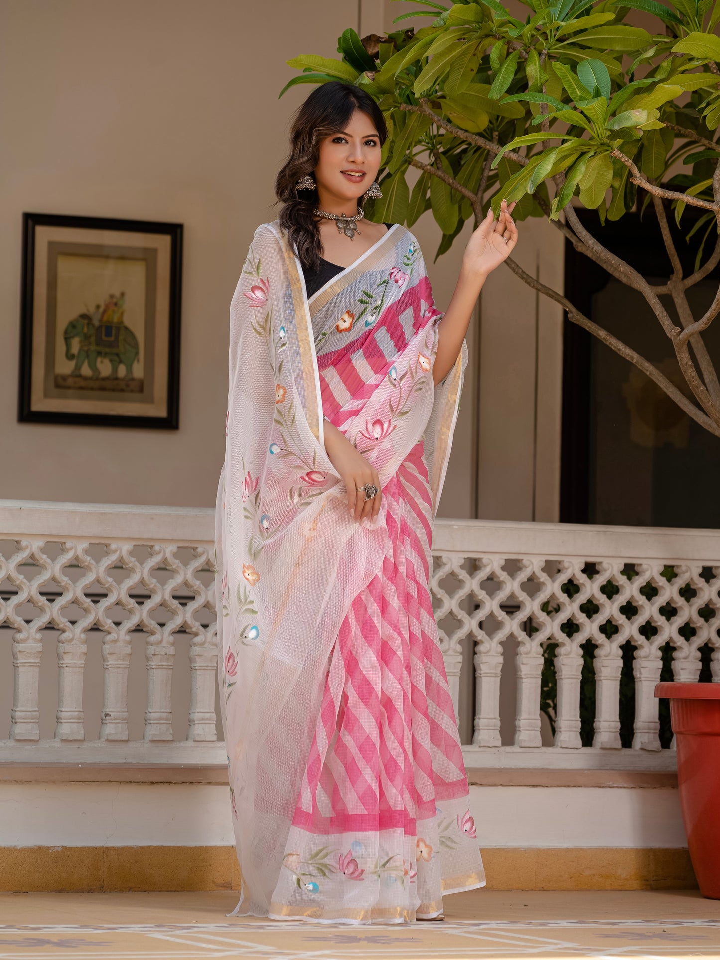Pink Lehriya pure Kota Doria saree