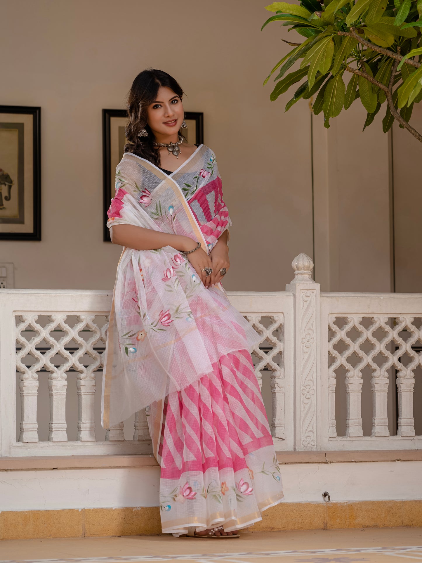 Pink Lehriya pure Kota Doria saree