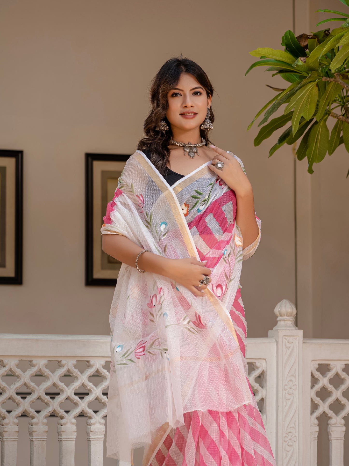 Pink Lehriya pure Kota Doria saree