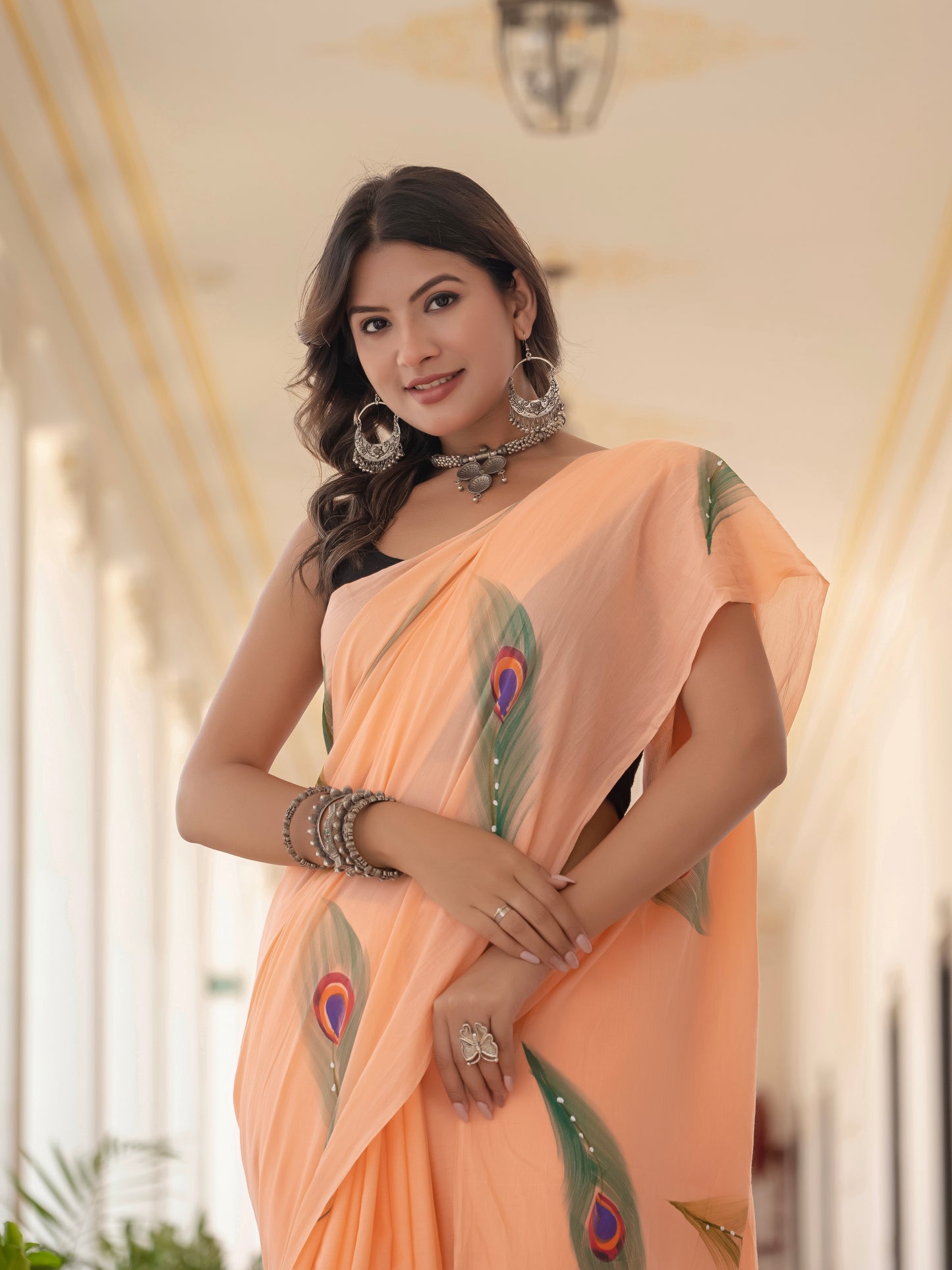 Peach Morpankh Hand painted saree