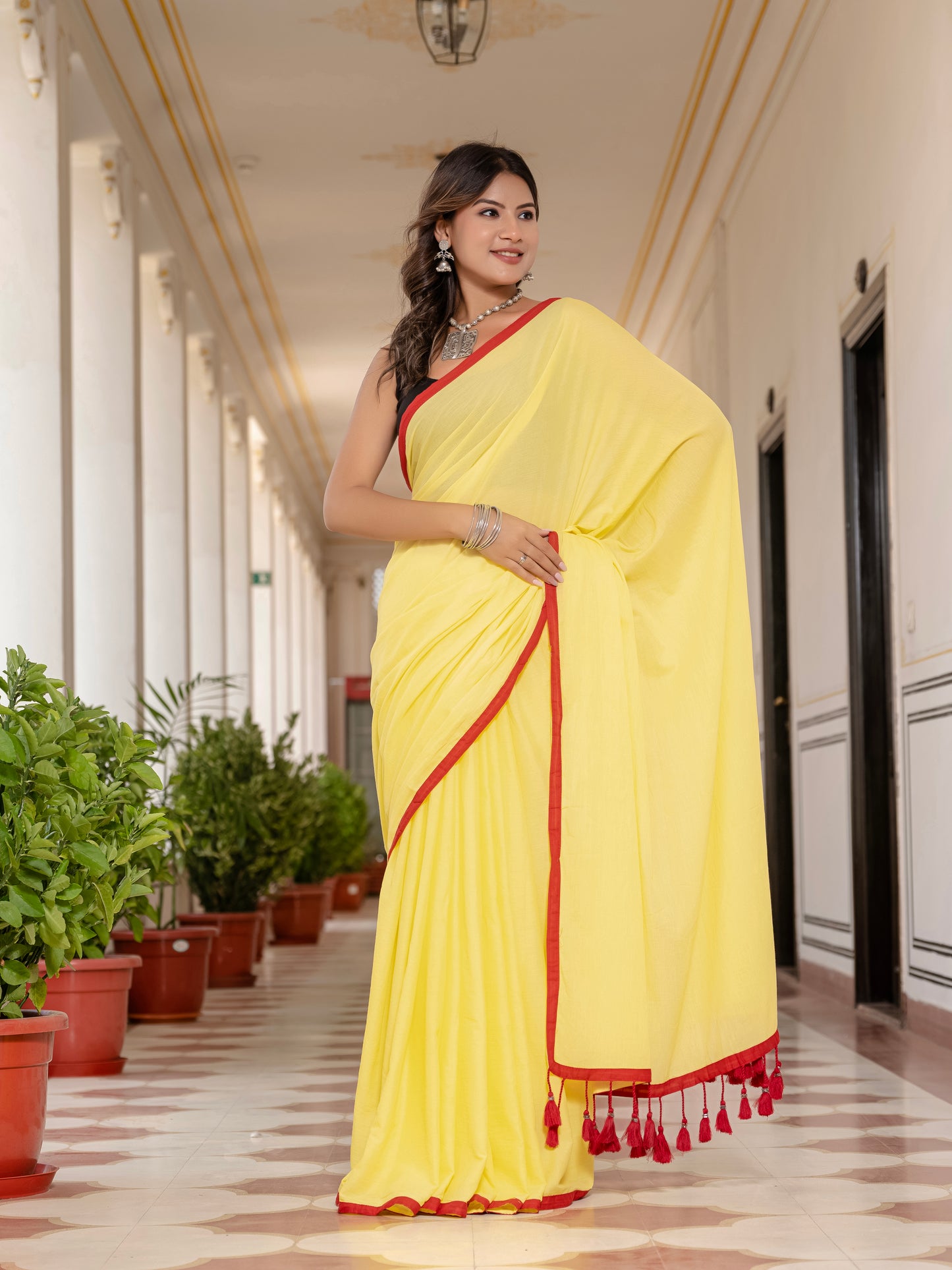 Yellow Tussells Pure Mul Cotton Saree