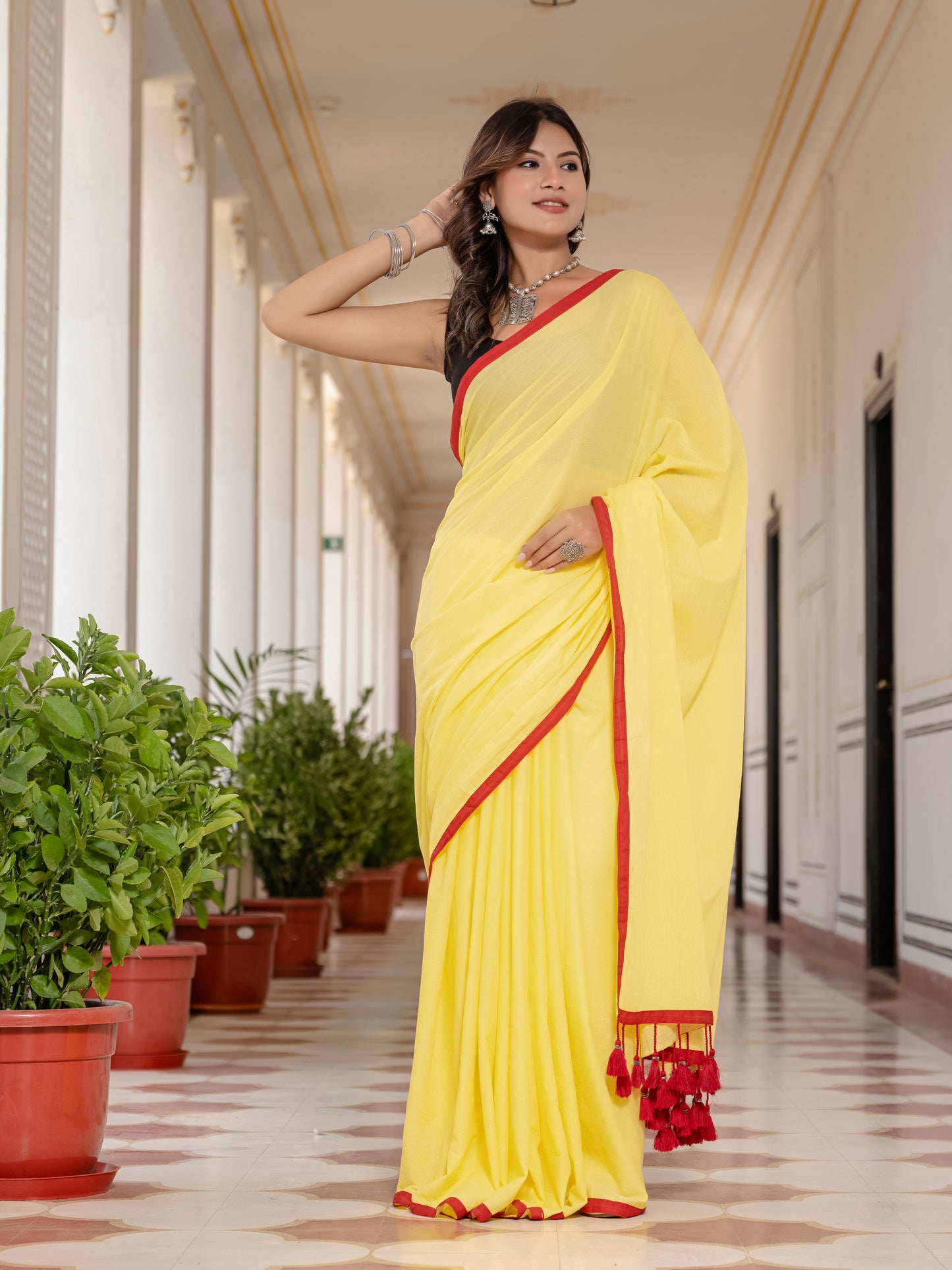 Yellow Tussells Pure Mul Cotton Saree