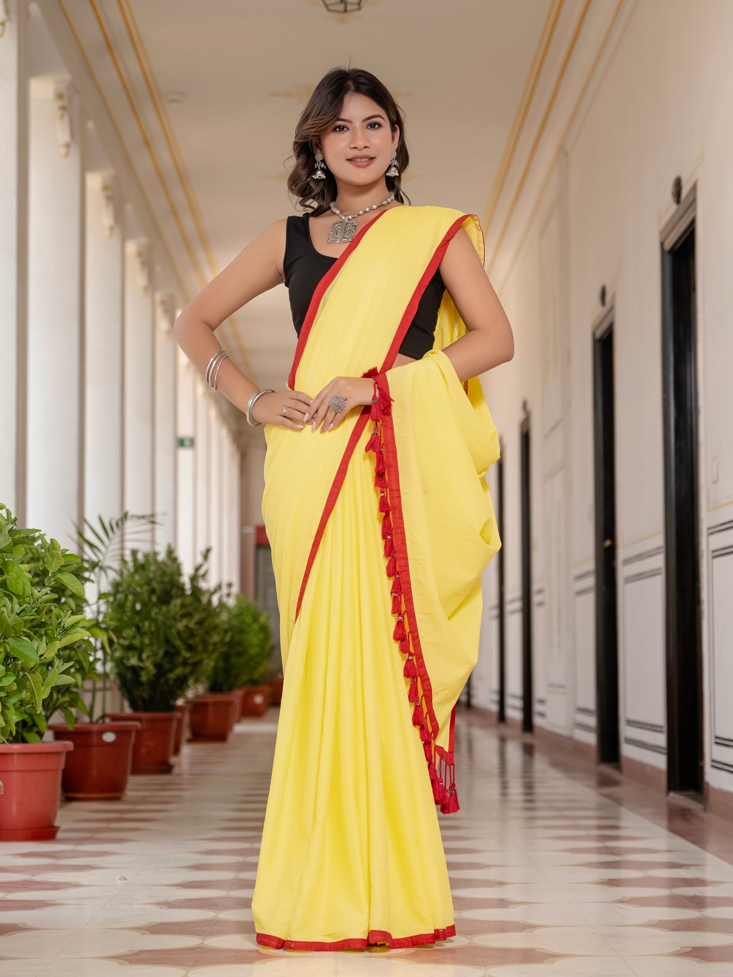 Yellow Tussells Pure Mul Cotton Saree