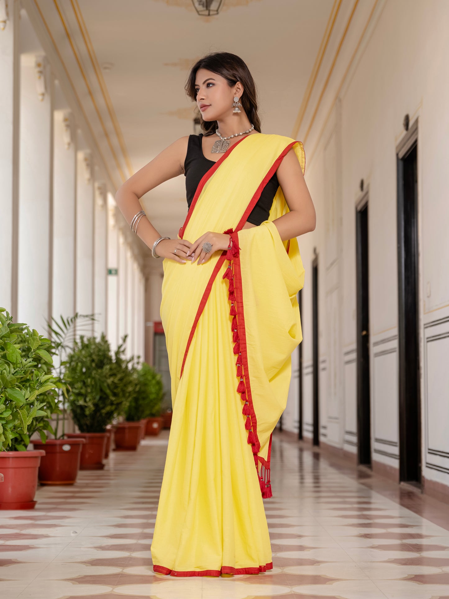 Yellow Tussells Pure Mul Cotton Saree