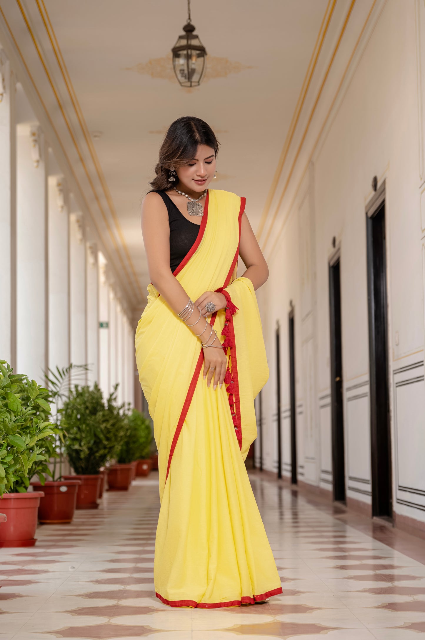 Yellow Tussells Pure Mul Cotton Saree