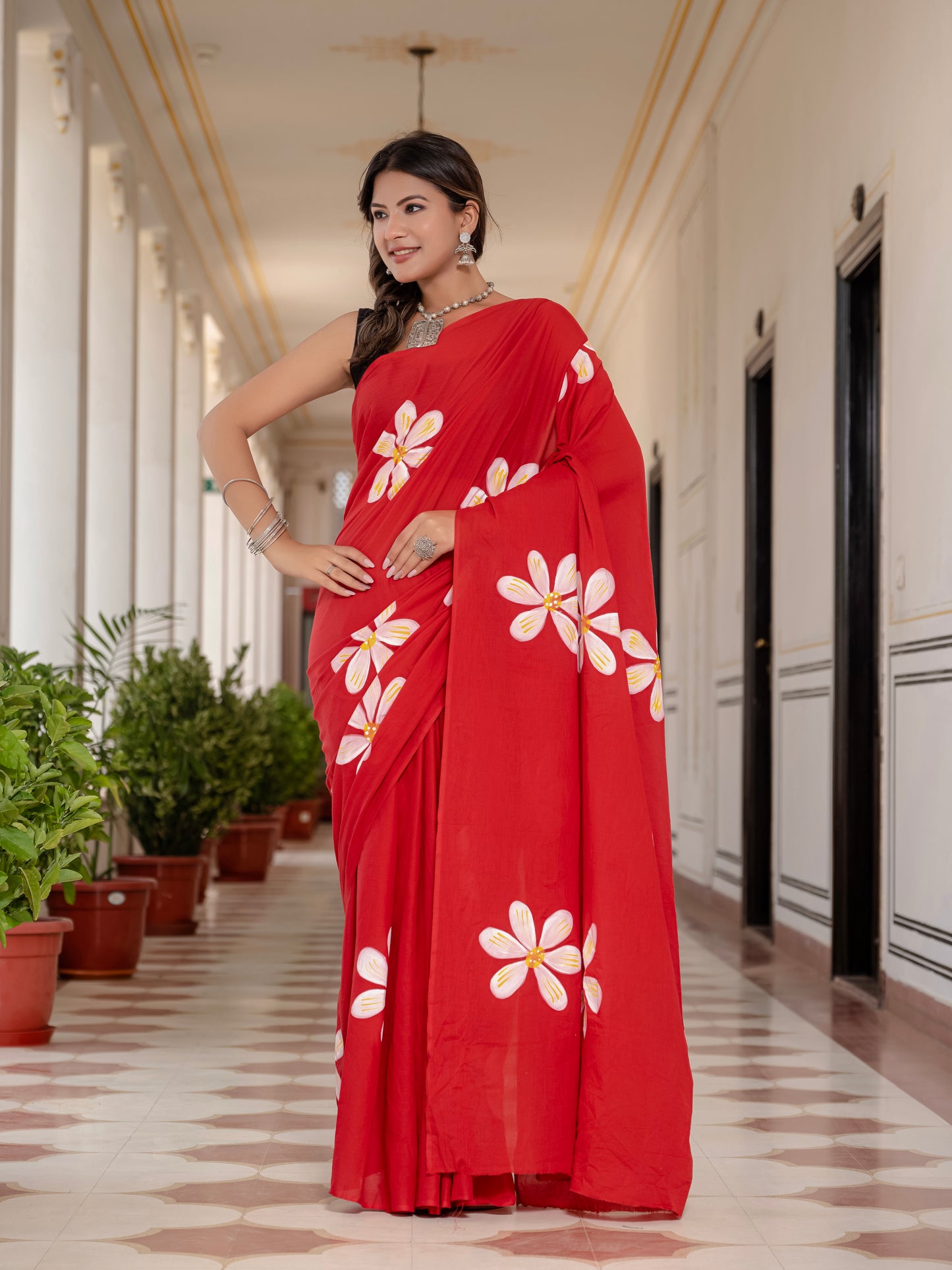 Tomato Red Hand painted saree