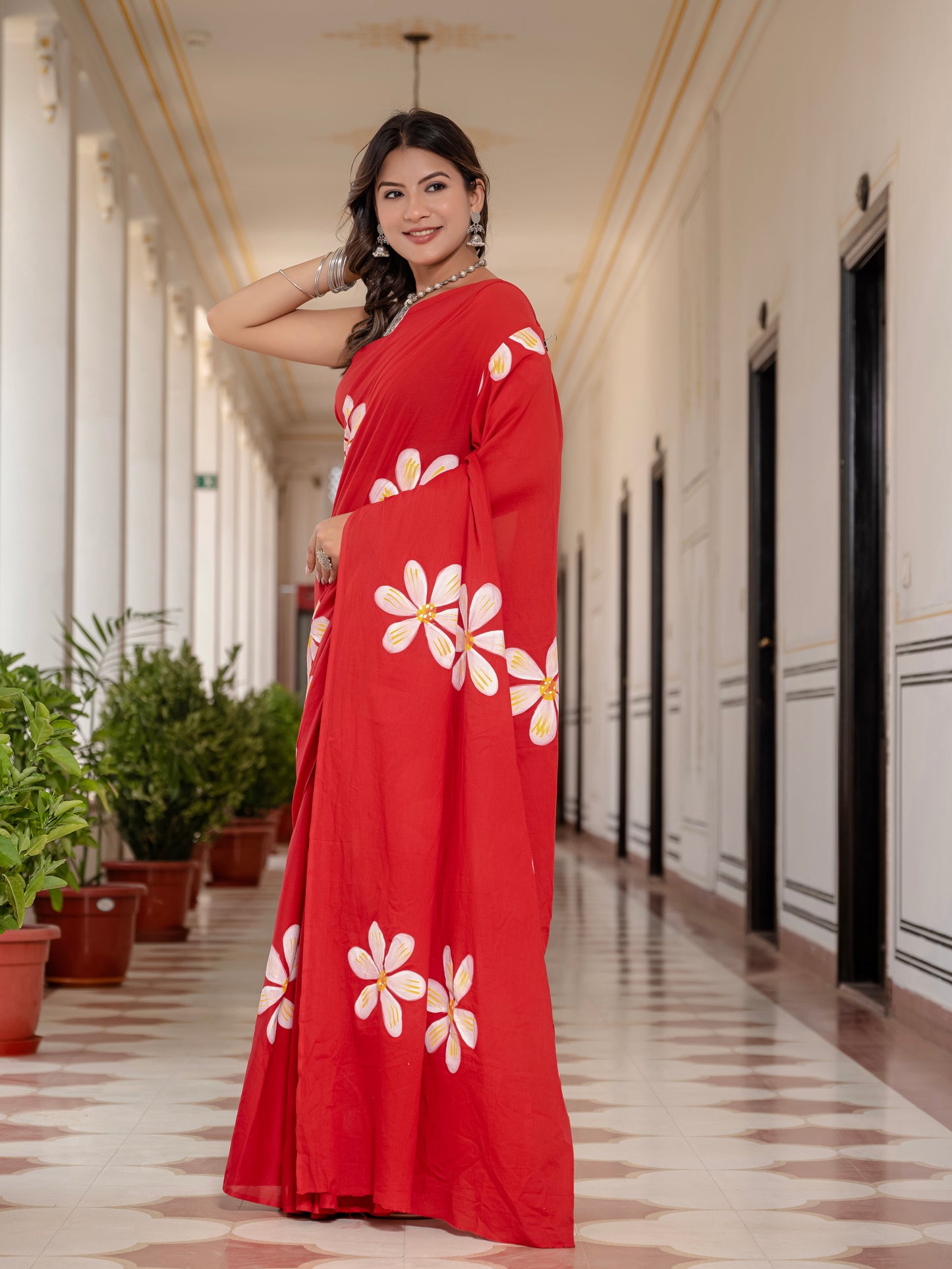 Tomato Red Hand painted saree
