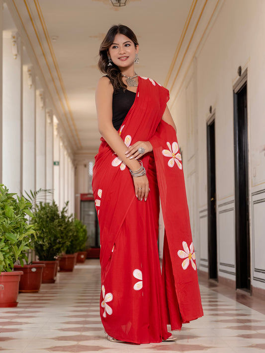 Tomato Red Hand painted saree