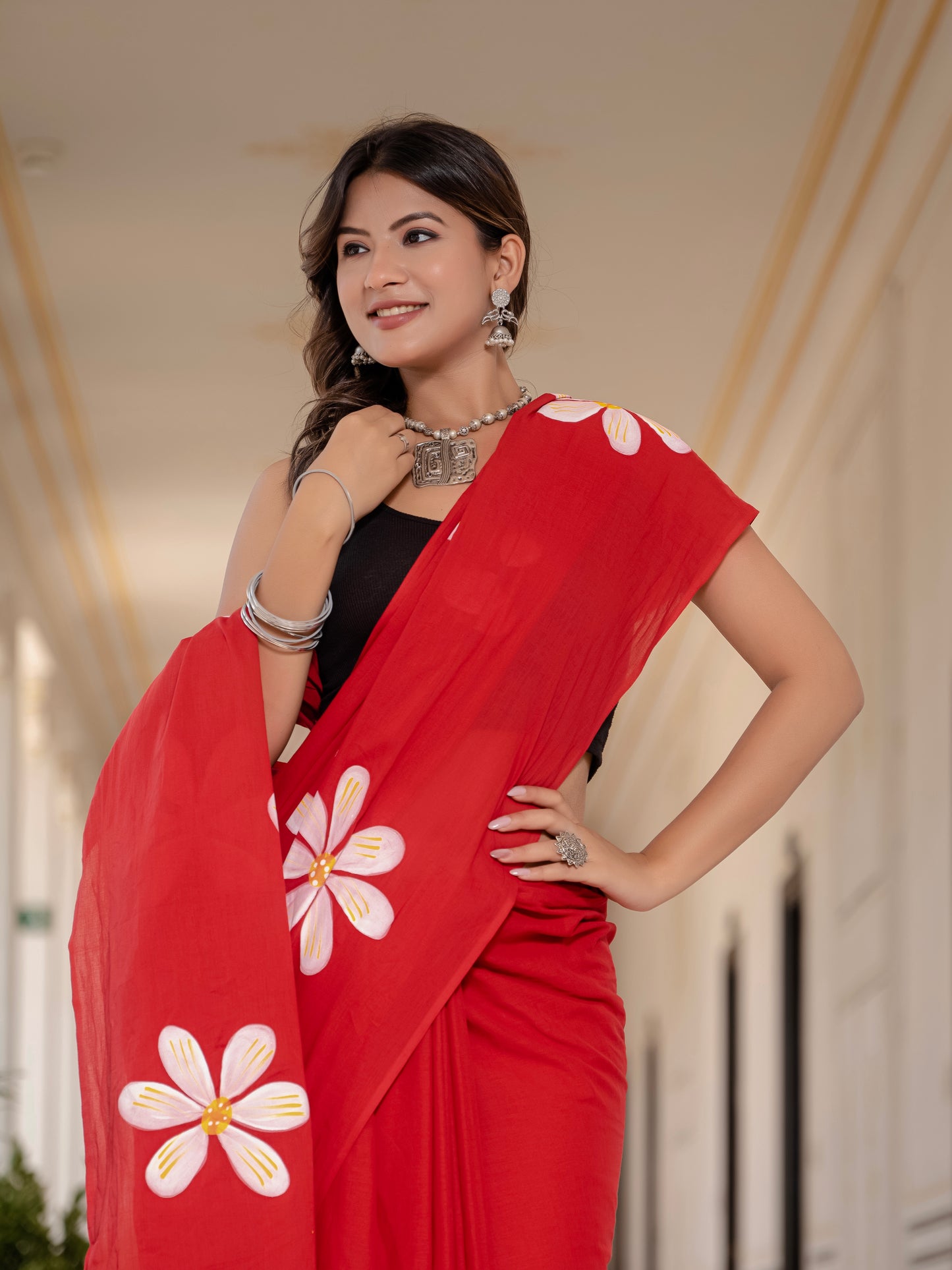 Tomato Red Hand painted saree