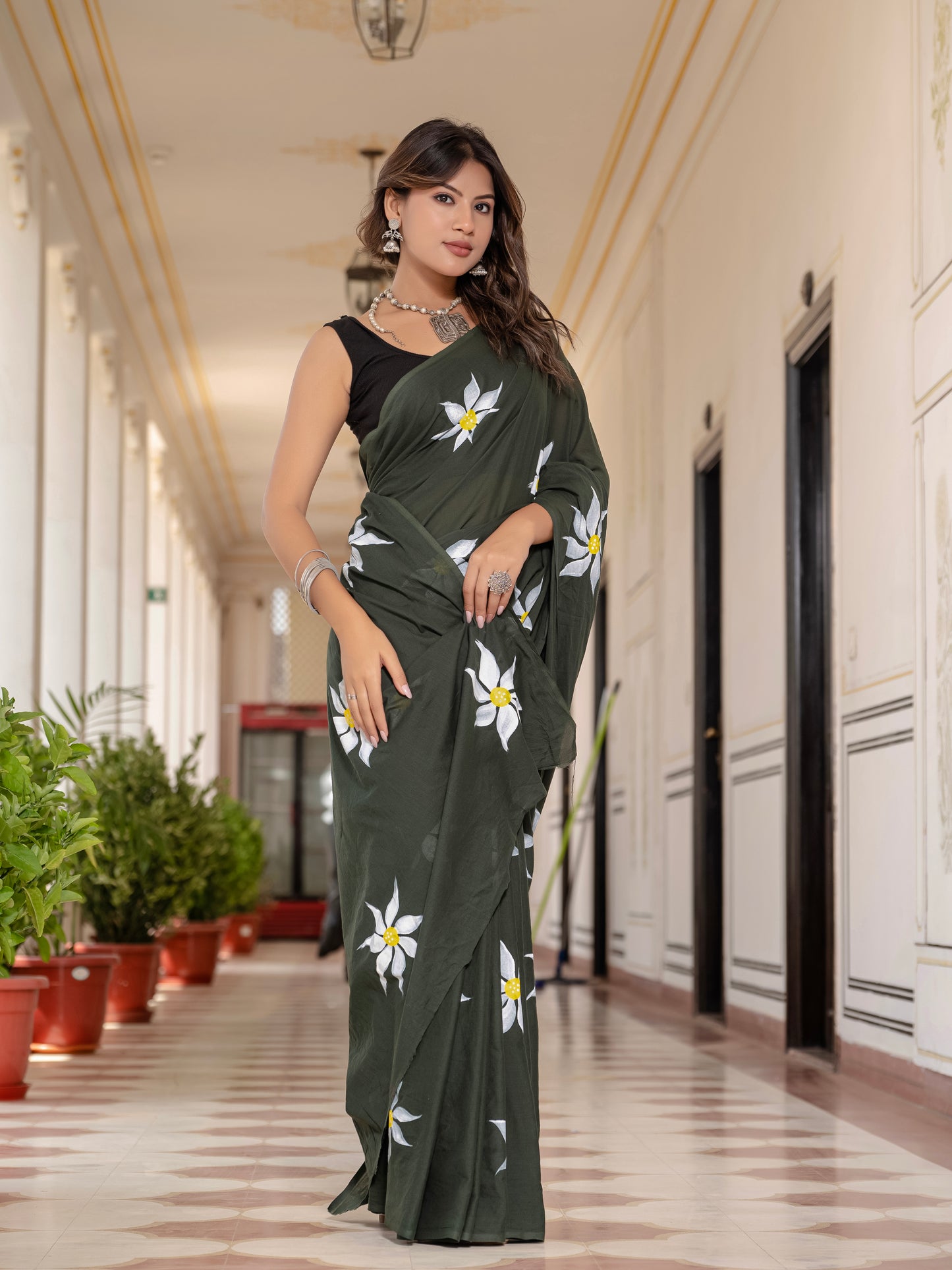 Mehandi Green Hand Printed Pure Mul Cotton Saree