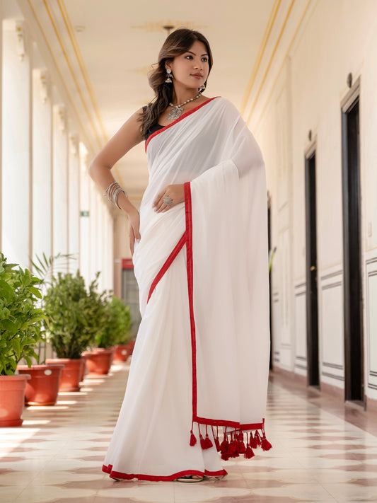 White saree with Red Tussells & Border Pure mul cotton