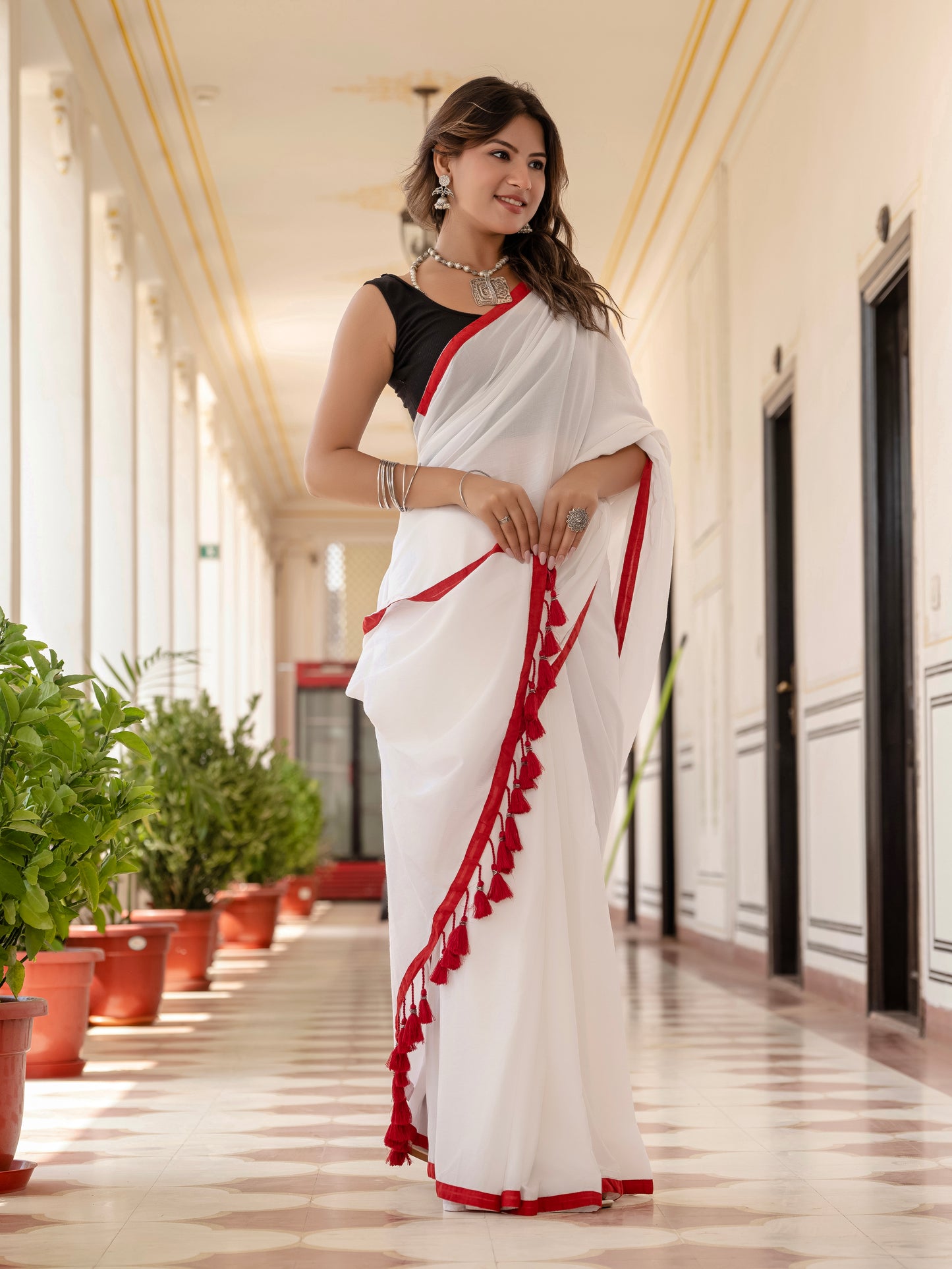 White saree with Red Tussells & Border Pure mul cotton