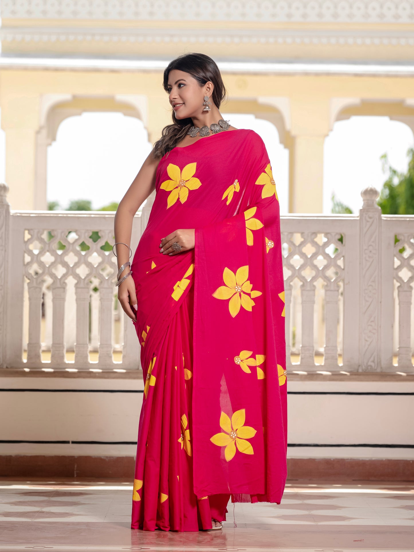 Rani Pink hand painted saree