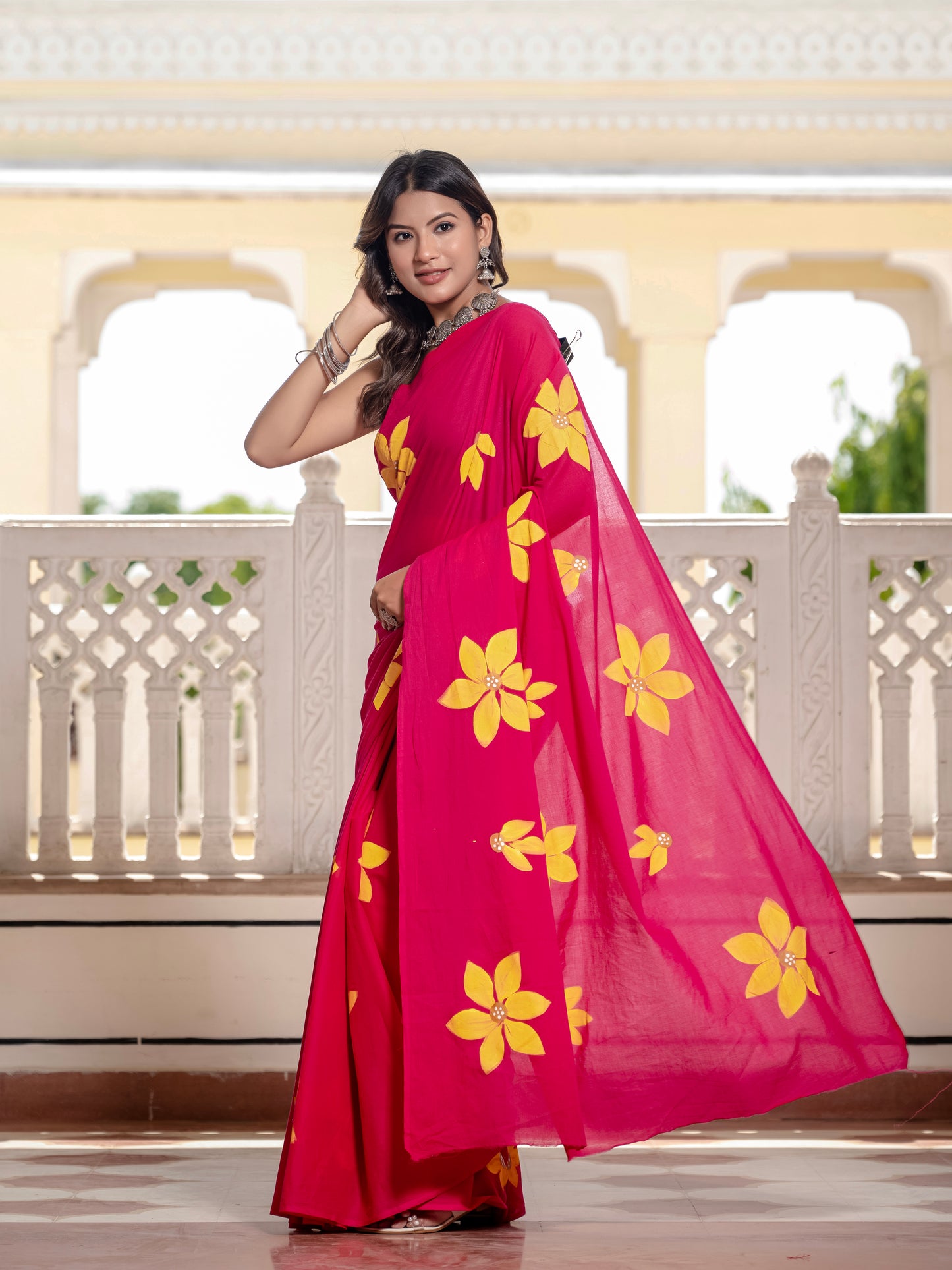 Rani Pink hand painted saree