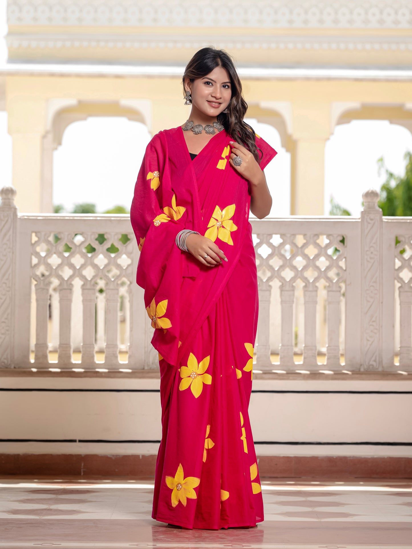 Rani Pink hand painted saree