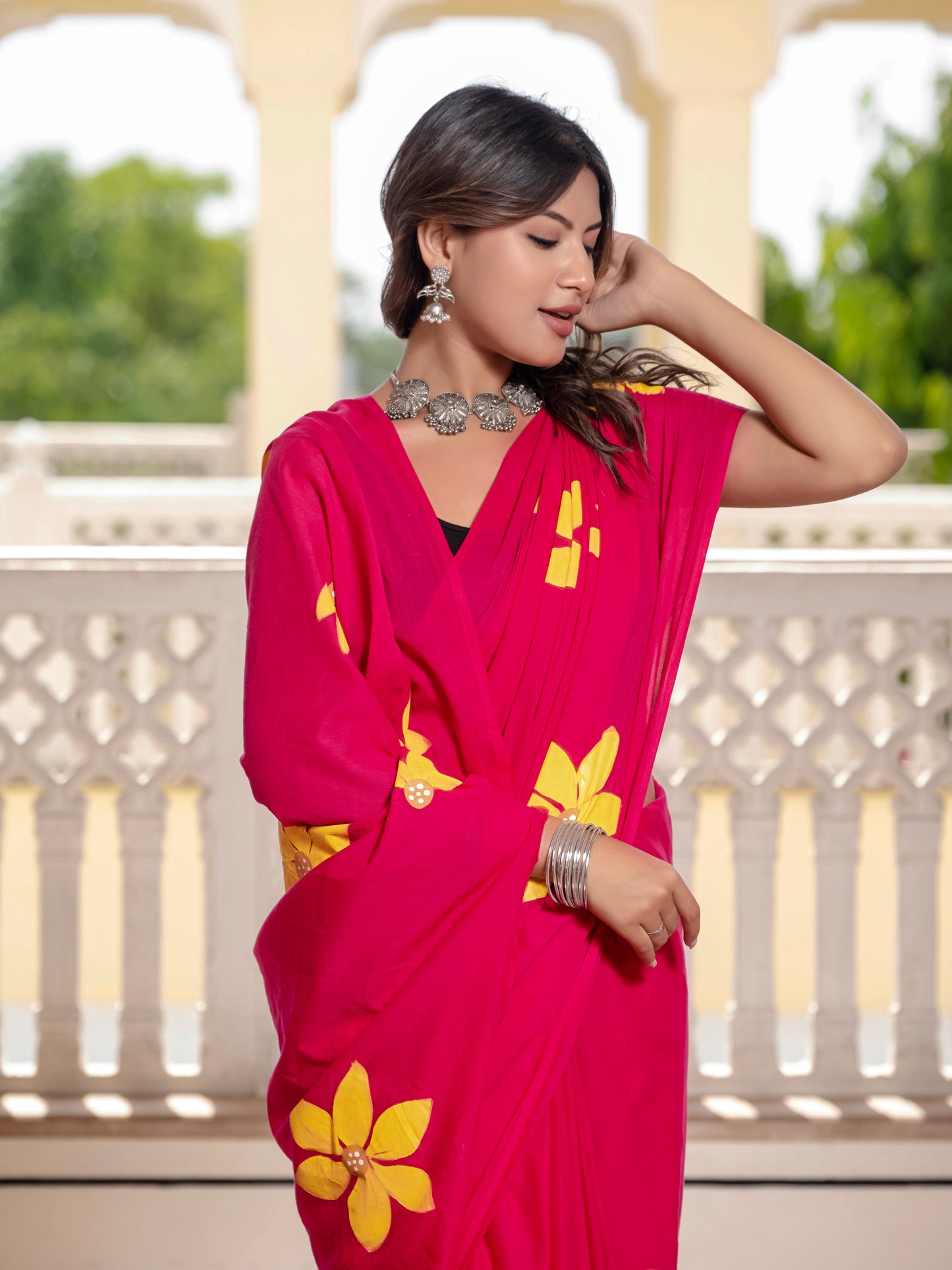 Rani Pink hand painted saree