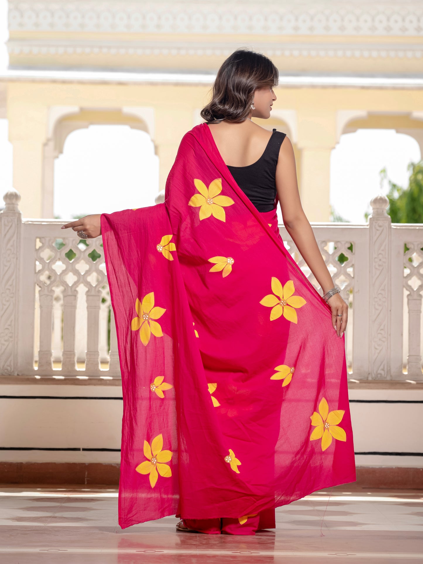 Rani Pink hand painted saree