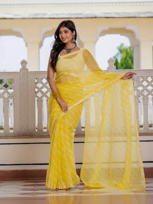 Yellow Lehriya Kota Doria saree