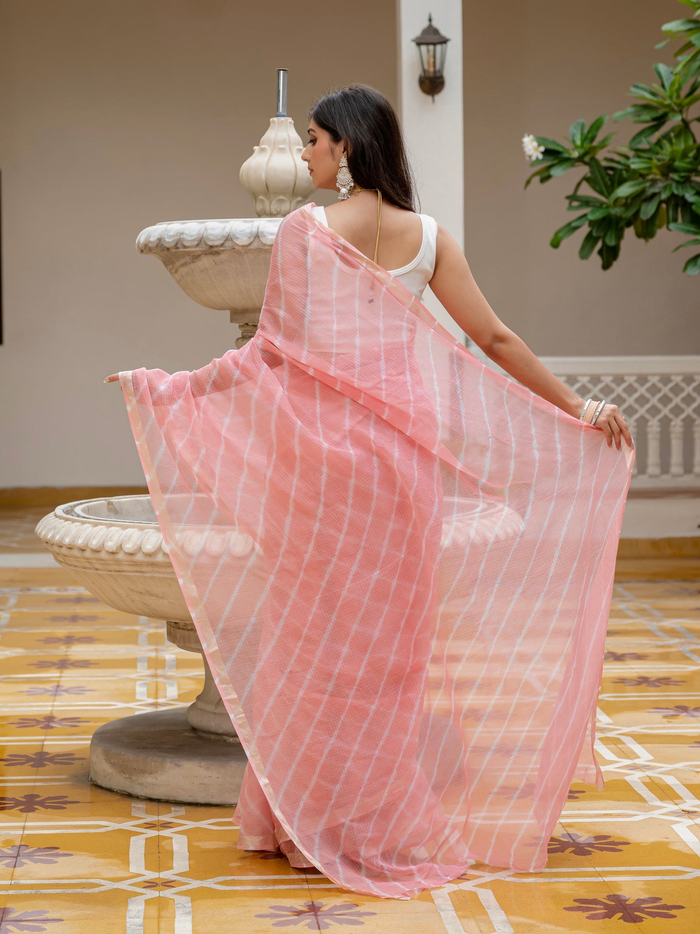Peach Lehriya Kota Doria saree