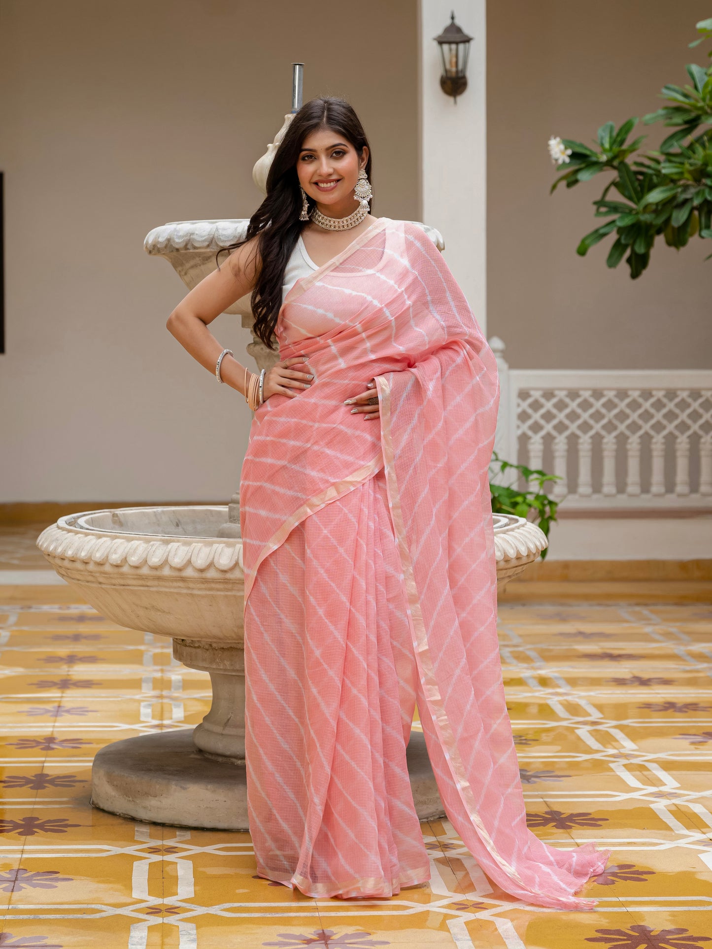 Peach Lehriya Kota Doria saree