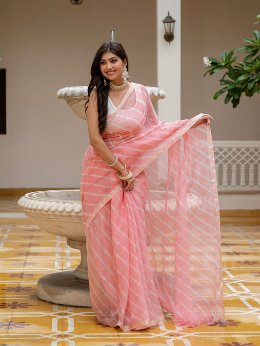 Peach Lehriya Kota Doria saree