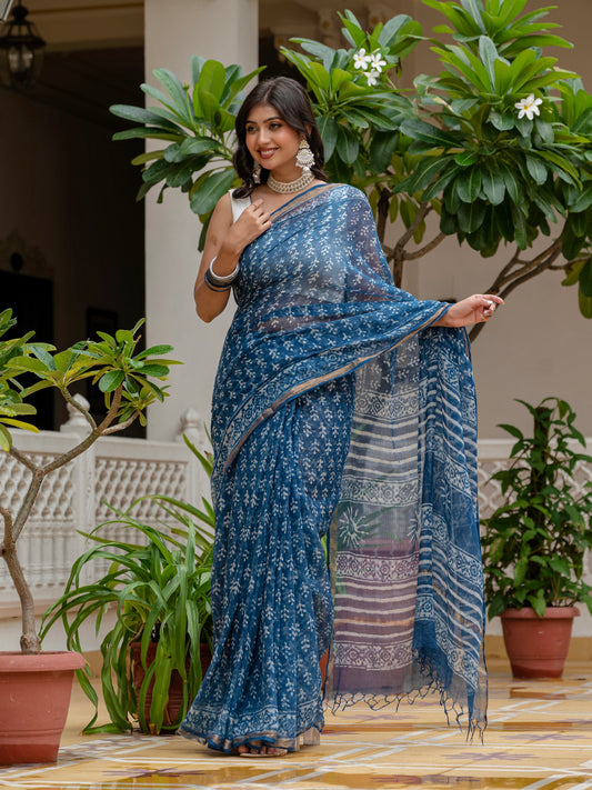 Indigo Bootie Printed Pure Kota Doria Saree