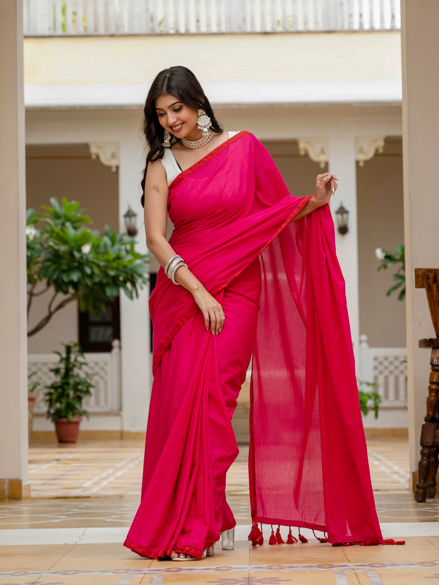 Rani pink saree with tussels