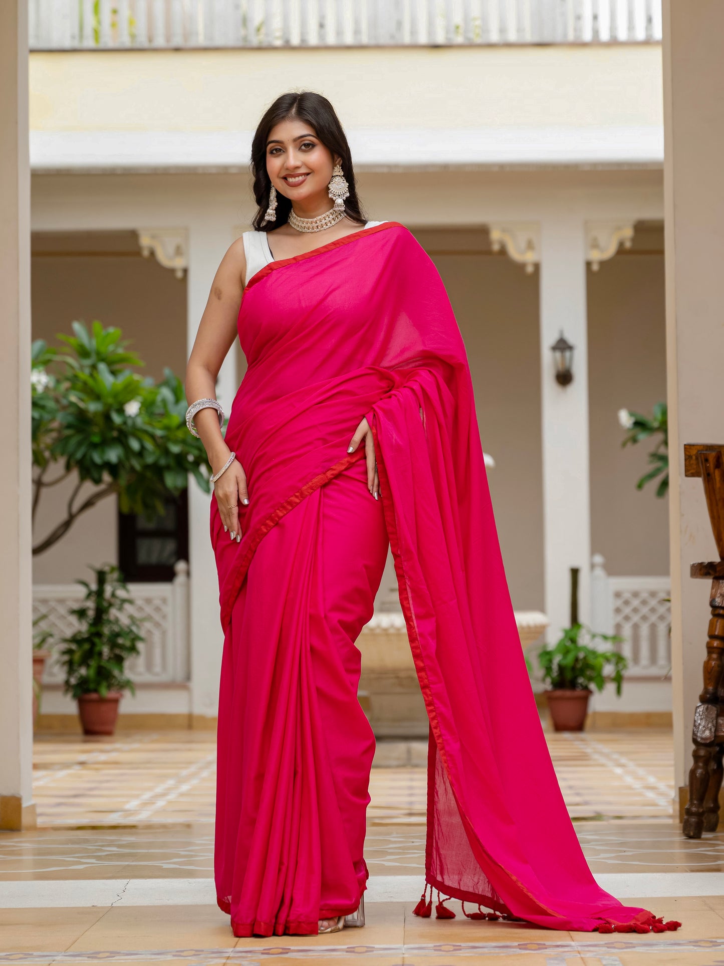 Rani pink saree with tussels