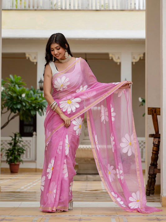 Baby Pink HandPainted pure Kota Doria saree