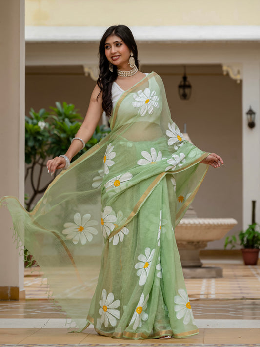 Green HandPainted pure Kota Doria saree