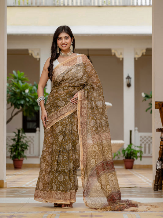 Green Bagh Printed Hand Block Kota Doria Saree