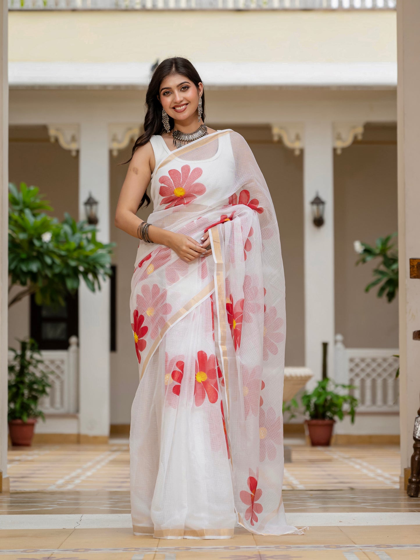 White HandPainted pure Kota Doria saree