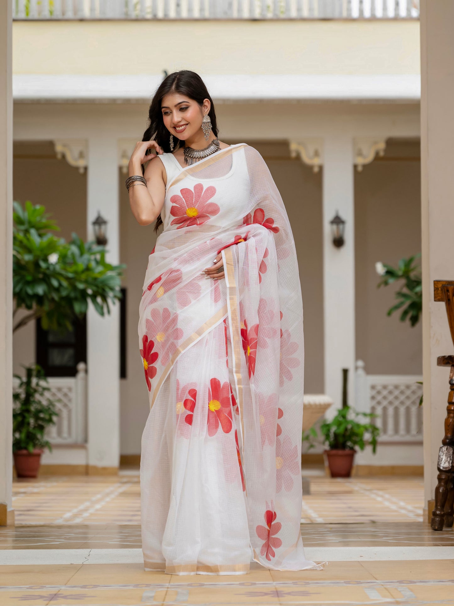 White HandPainted pure Kota Doria saree