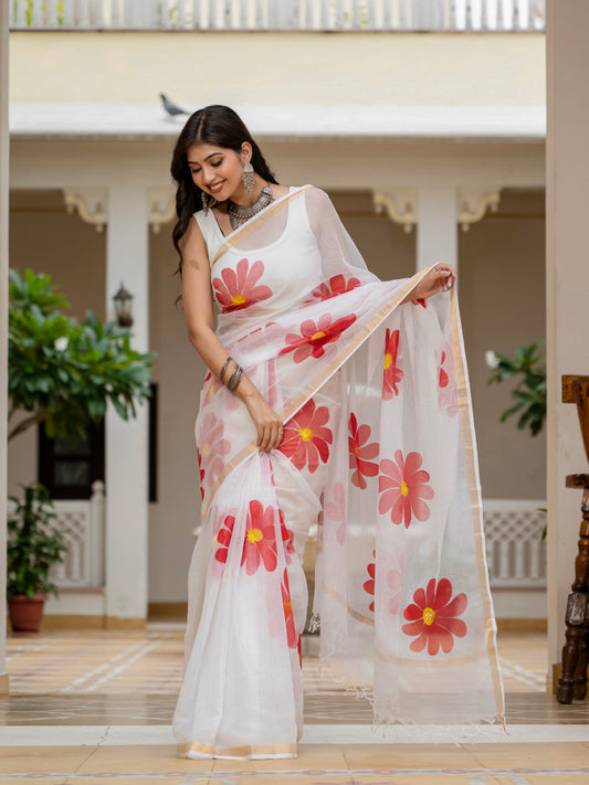 White HandPainted pure Kota Doria saree