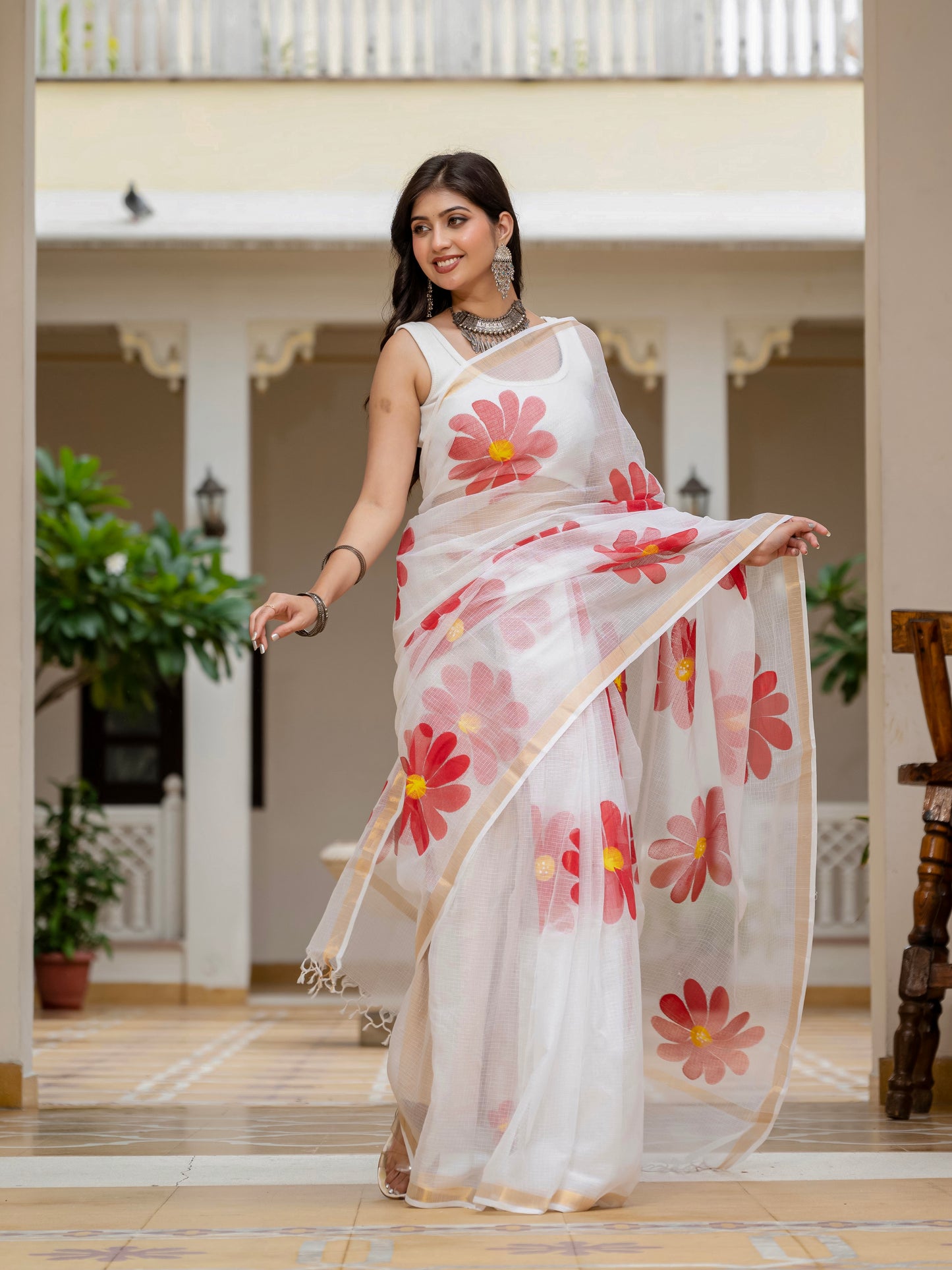 White HandPainted pure Kota Doria saree