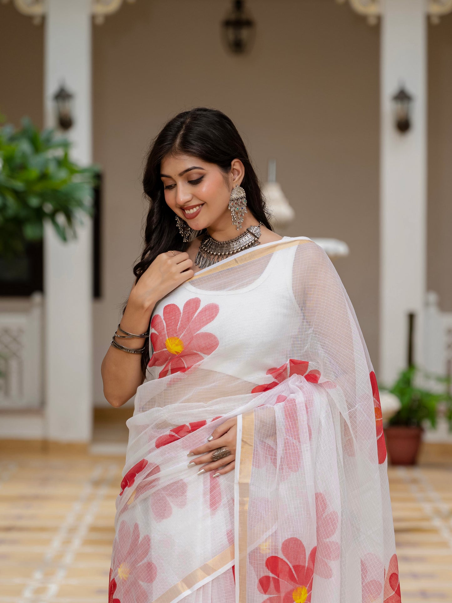 White HandPainted pure Kota Doria saree
