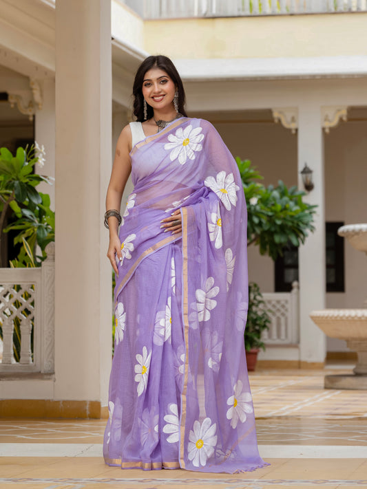Lilac HandPainted pure Kota Doria saree