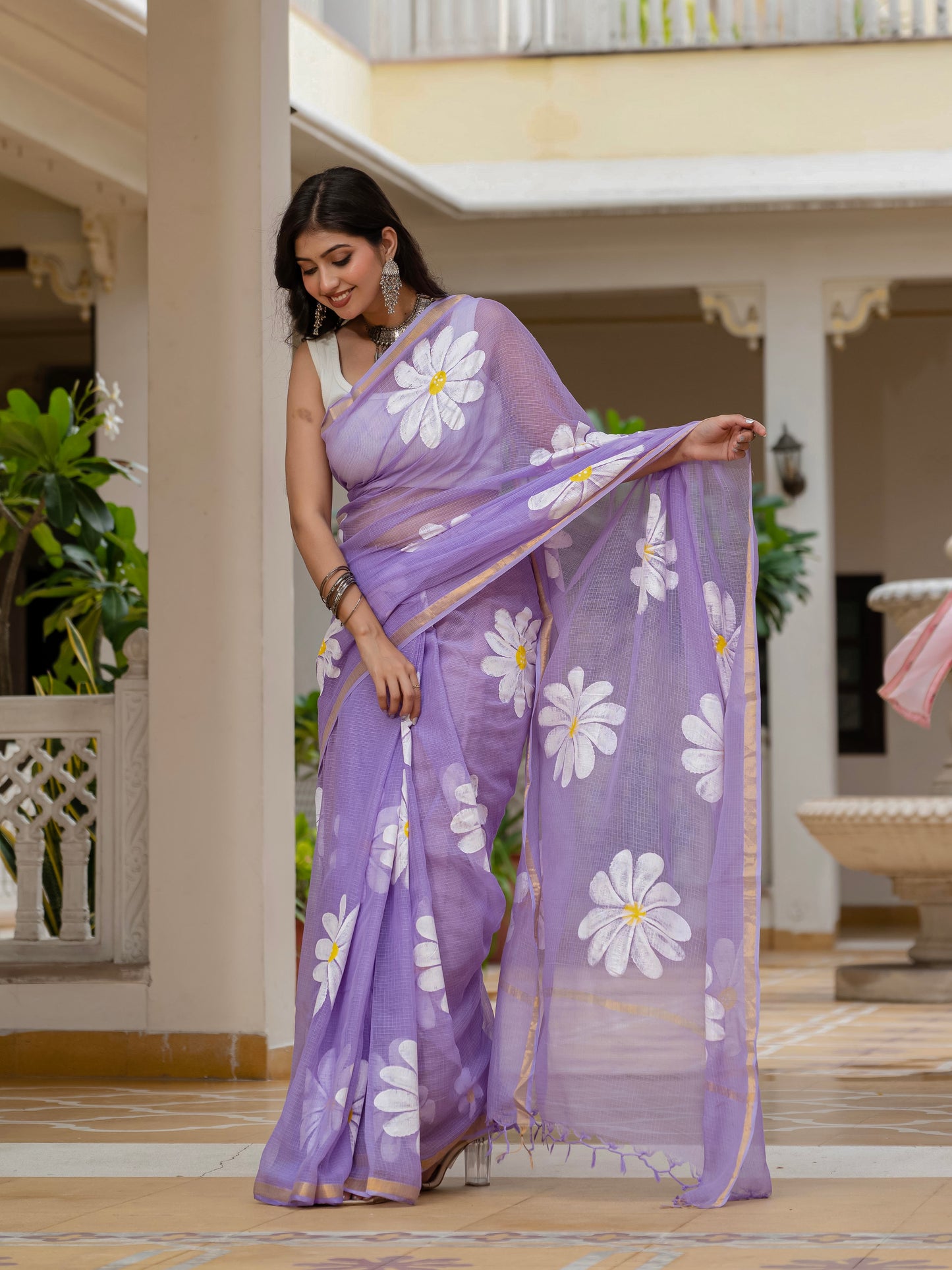 Lilac HandPainted pure Kota Doria saree