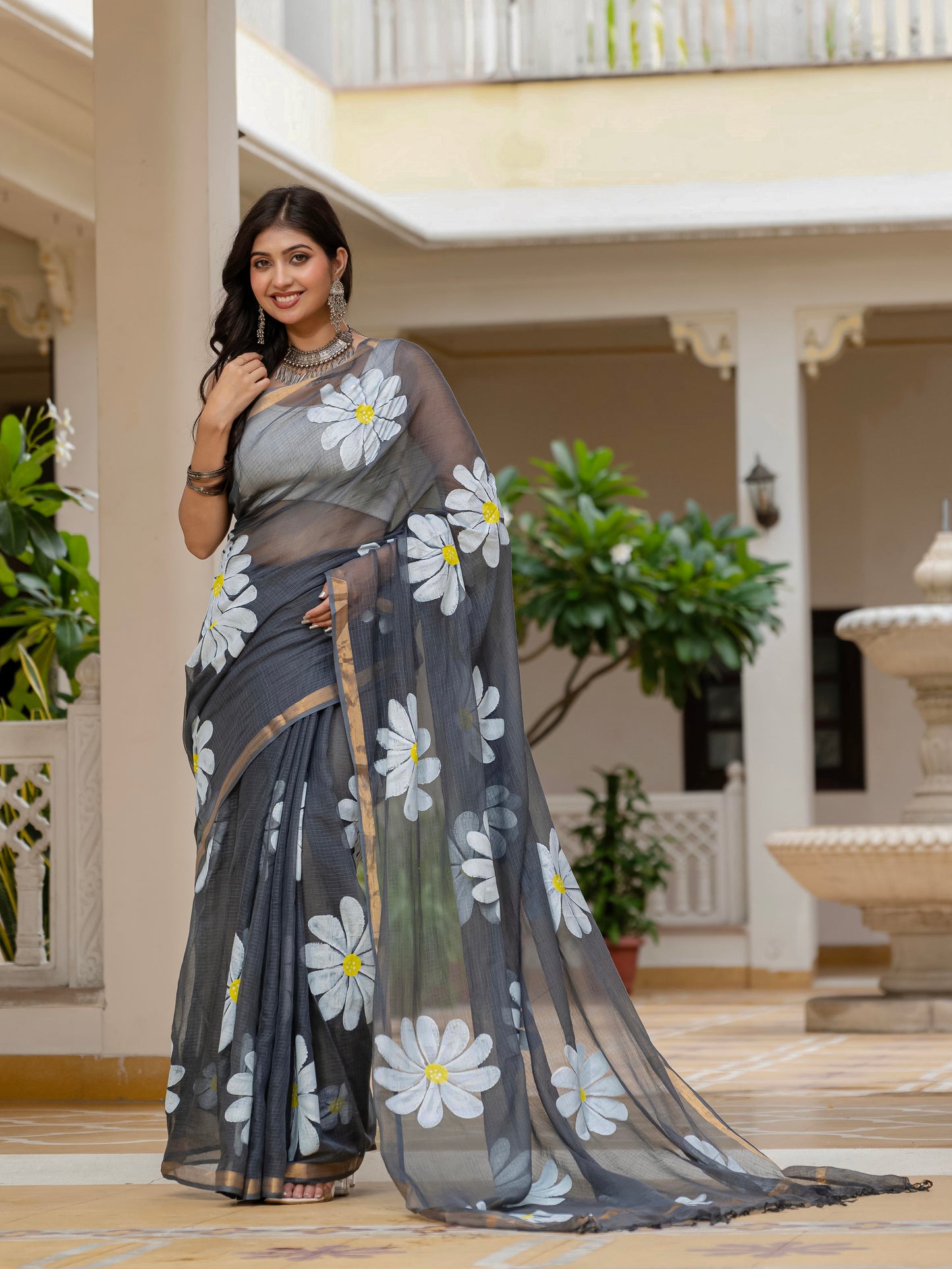 Grey HandPainted pure Kota Doria saree