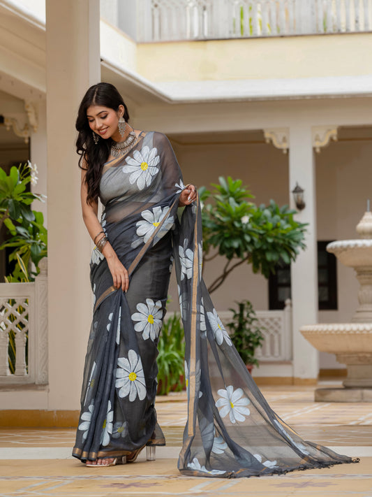 Grey HandPainted pure Kota Doria saree