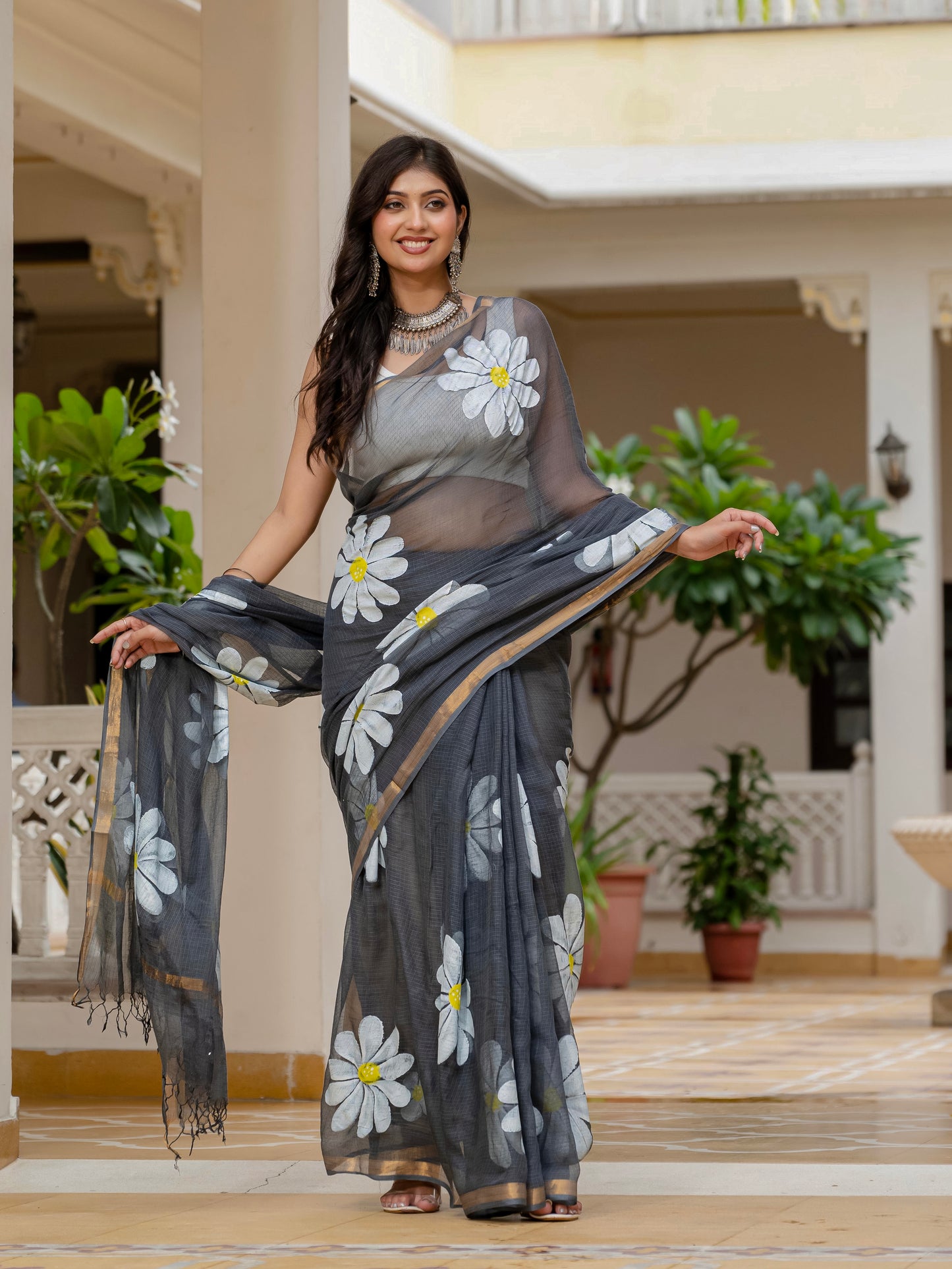 Grey HandPainted pure Kota Doria saree