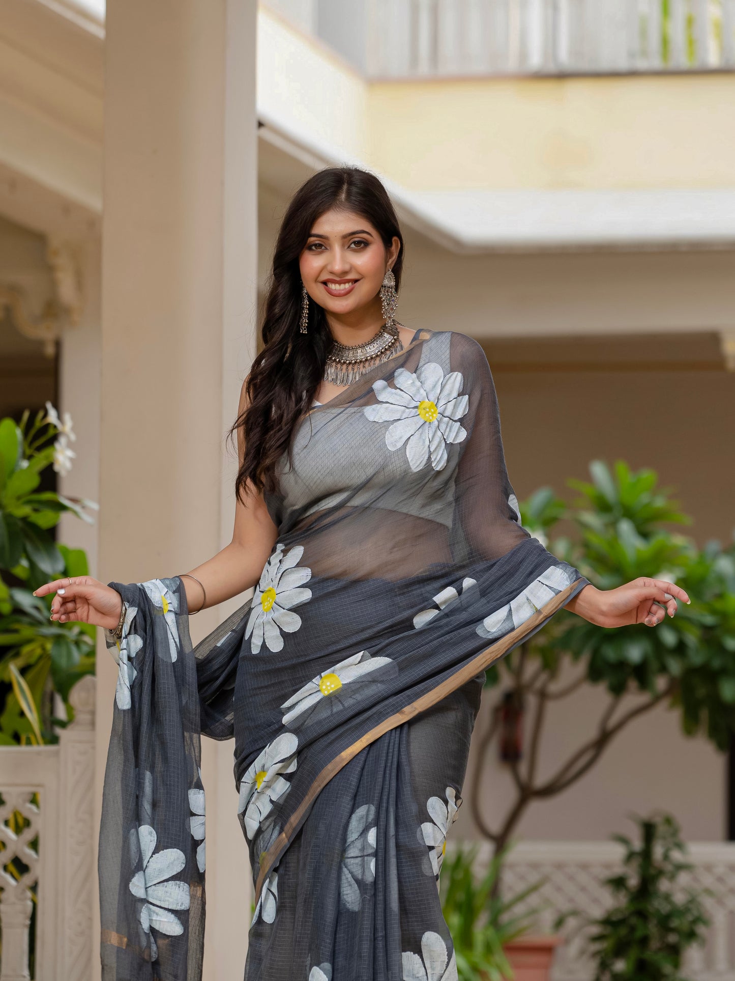 Grey HandPainted pure Kota Doria saree