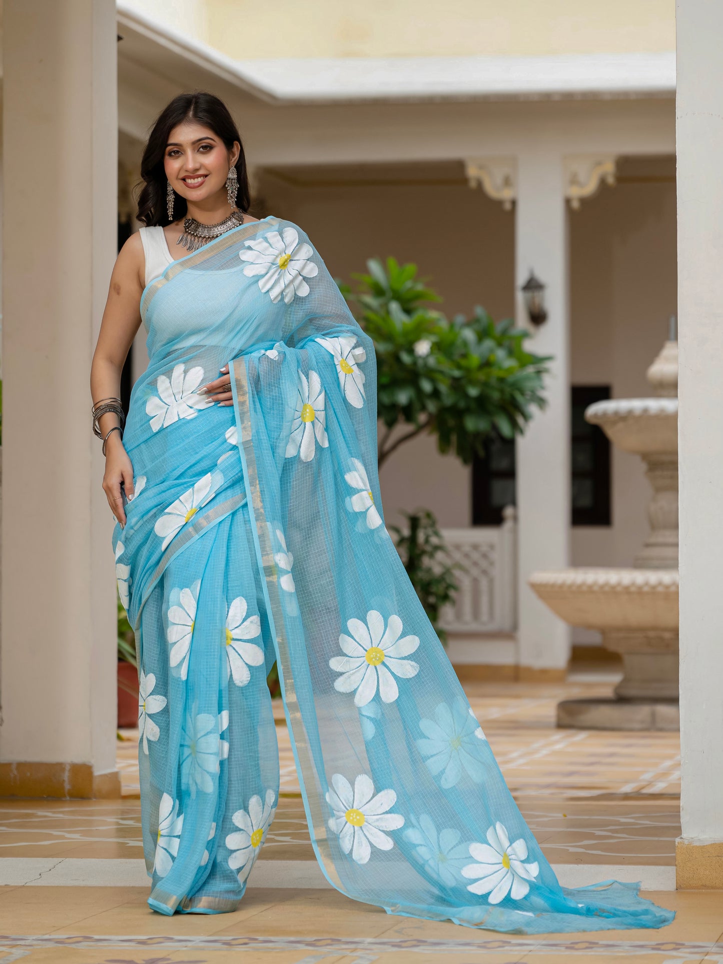 Sky blue HandPainted pure Kota Doria saree