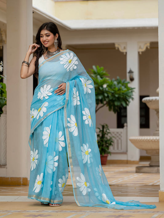 Sky blue HandPainted pure Kota Doria saree
